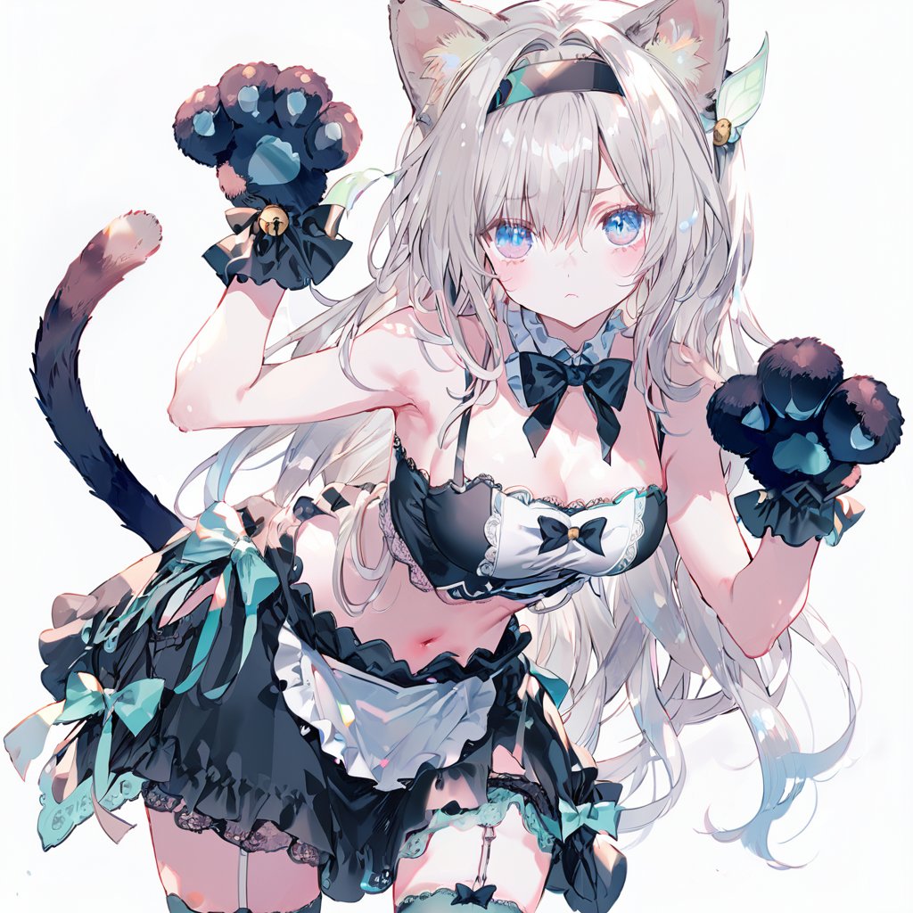 firefly,1girl,solo,skirt,breasts,long hair,midriff,navel,stomach,animal ears,thighhighs,garter straps,crop top,white thighhighs,tail,miniskirt,black skirt,animal hands,looking at viewer,cat tail,sleeveless,apron,cat ears,bell,bare shoulders,bowtie,sleeveless shirt,shirt,cleavage,white background,zettai ryouiki,simple background,blue eyes,bow,gloves,paw gloves,armpits,bare arms,medium breasts,hairband,jingle bell,multicolored hair,cowboy shot,waist apron,black shirt,standing,gradient hair,closed mouth,frilled skirt,frills,thighs,hair ornament,neck bell,frown,grey hair,<lora:8549_11061_12760@2453520d78:0.9>,<lora:8434_10927_12600@8649eeea0a:0.8>,