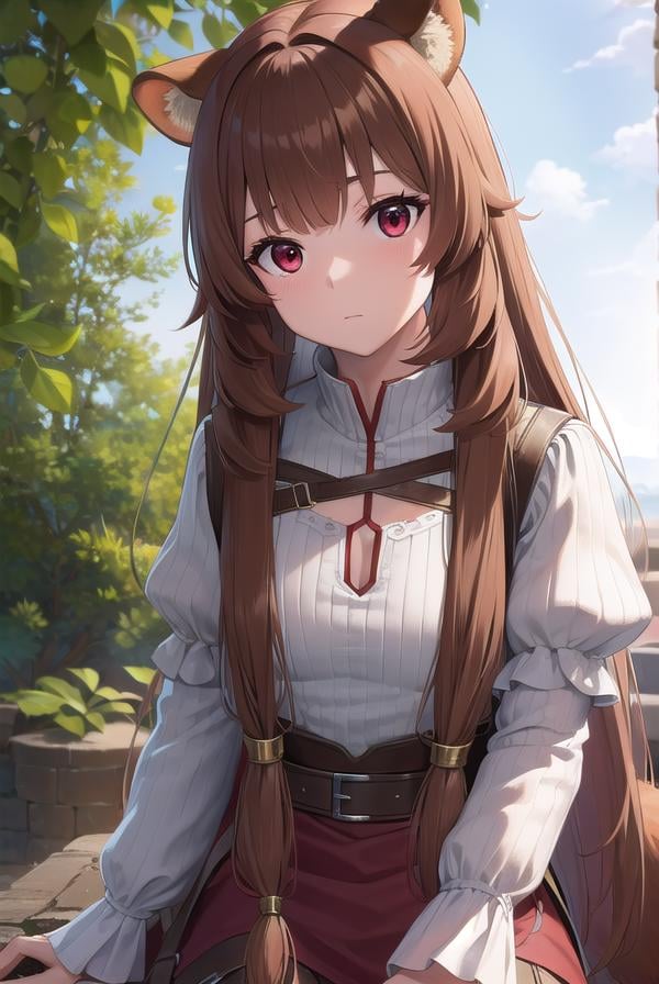 raphtalia, <lora:raphtalia-lora-nochekaiser:1>,raphtalia, animal ears, brown hair, long hair, raccoon ears, raccoon girl, raccoon tail, (red eyes:1.5), tail,BREAK arm garter, belt, brown belt, brown dress, dress, juliet sleeves, long sleeves, puffy sleeves, short dress,BREAK looking at viewer,BREAK outdoors, forest, nature, sun, sky, (cowboy shot:1.5),BREAK <lyco:GoodHands-beta2:1>, (masterpiece:1.2), best quality, high resolution, unity 8k wallpaper, (illustration:0.8), (beautiful detailed eyes:1.6), extremely detailed face, perfect lighting, extremely detailed CG, (perfect hands, perfect anatomy),