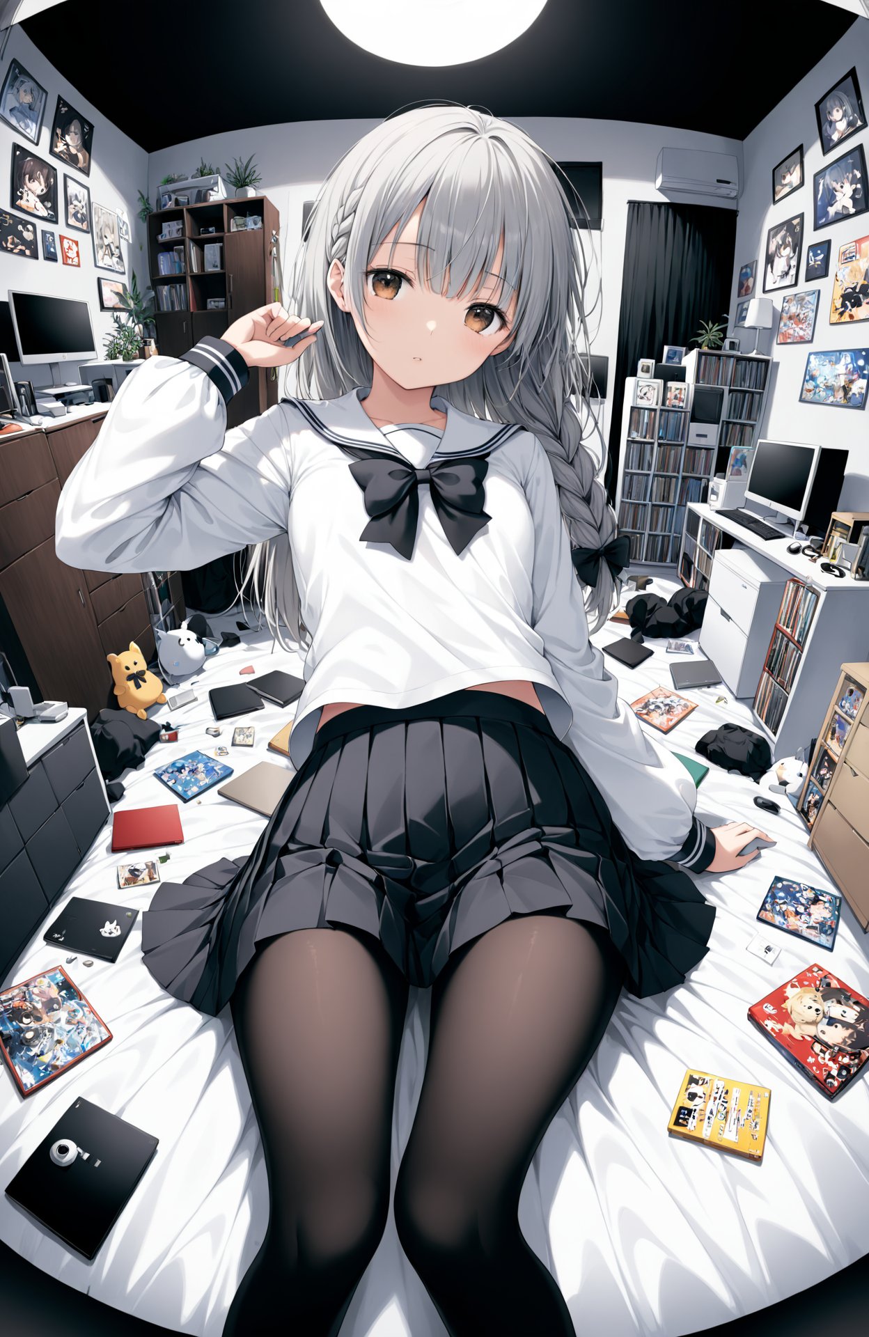 chowbie_jue,bangs,black_bow,black_pantyhose,black_skirt,blurry,blurry_background,bow,braid,brown_eyes,grey_hair,hair_between_eyes,hair_bow,hand_up,highres,legs,long_hair,long_sleeves,looking_at_viewer,original,black background,pantyhose,pleated_skirt,puffy_long_sleeves,puffy_sleeves,sailor_collar,shirt,skirt,solo,standing,white_sailor_collar,white_shirt,solo,messy room,loaded interior,bedroom,(((otaku room))),(computer)wide shot,(lying on back:1.3),Herb Ritts,cowboy shot,fisheye,<lora:FG:1>,