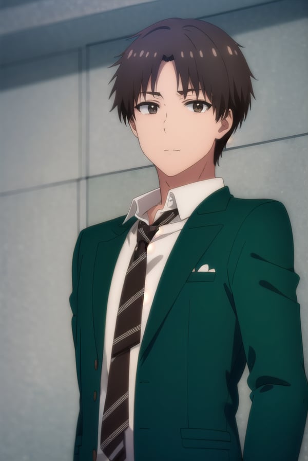 junichiroukubota, <lora:junichirou kubota s1-lora-nochekaiser:1>,junichirou kubota, short hair, bangs, brown hair, (brown eyes:1.5), male focus,BREAK shirt, long sleeves, school uniform, jacket, white shirt, open clothes, necktie, collared shirt, pants, open jacket, black pants, blazer, red necktie, (green jacket:1.5), brown pants,BREAK indoors, classroom,BREAK looking at viewer, (cowboy shot:1.5),BREAK <lyco:GoodHands-beta2:1>, (masterpiece:1.2), best quality, high resolution, unity 8k wallpaper, (illustration:0.8), (beautiful detailed eyes:1.6), extremely detailed face, perfect lighting, extremely detailed CG, (perfect hands, perfect anatomy),