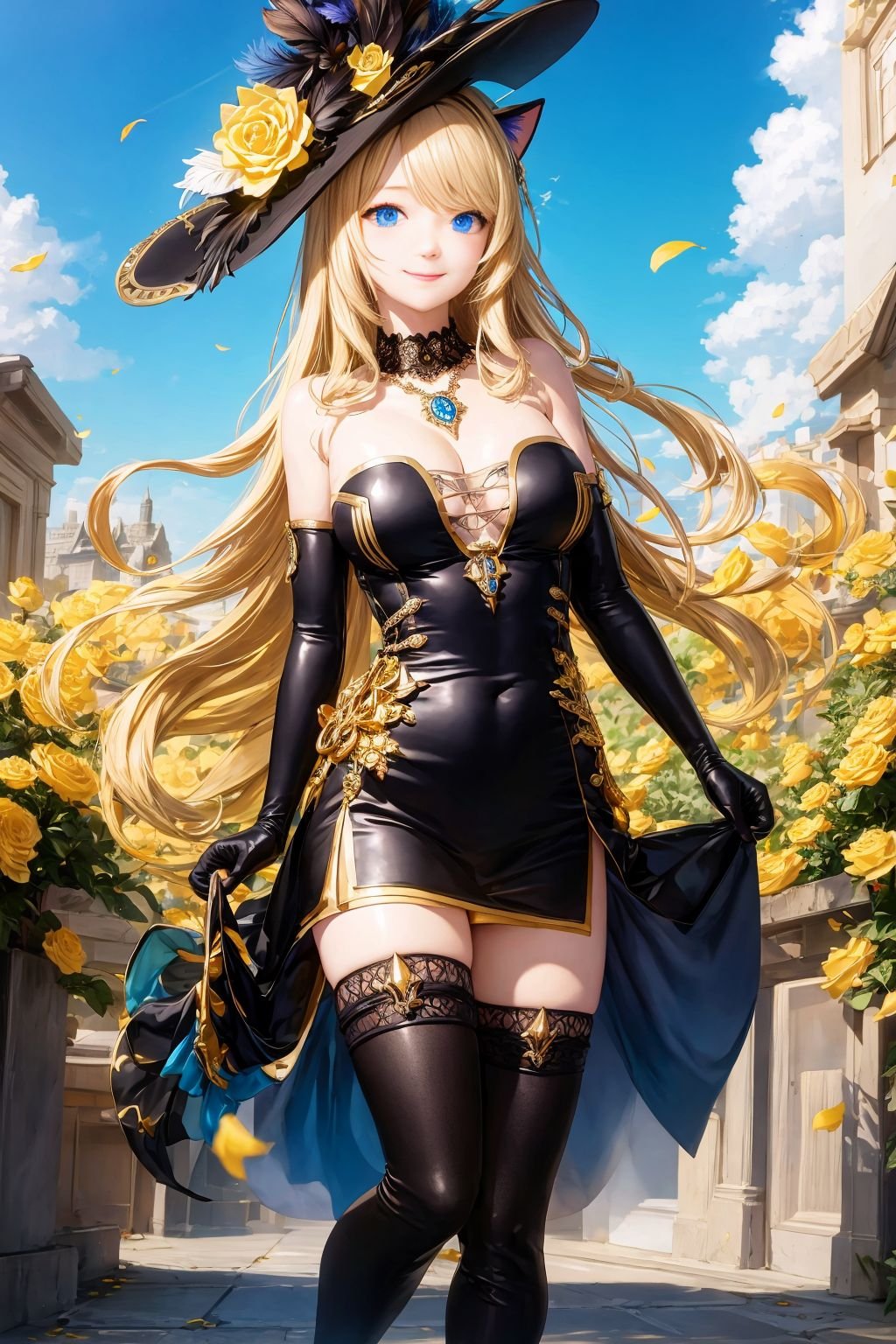 best quality,masterpiece,highres,cinematic lighting,wallpaper,absurdres,Navia,1girl,solo,long hair,breasts,smile,bangs,blue eyes,blonde hair,large breasts,thighhighs,gloves,hat,dress,cleavage,bare shoulders,jewelry,medium breasts,very long hair,closed mouth,flower,boots,outdoors,sky,day,black gloves,elbow gloves,black thighhighs,cloud,necklace,black footwear,black dress,blue sky,zettai ryouiki,black headwear,strapless,rose,animal,thigh boots,short dress,cat,strapless dress,yellow flower,hat feather,gold,yellow rose,