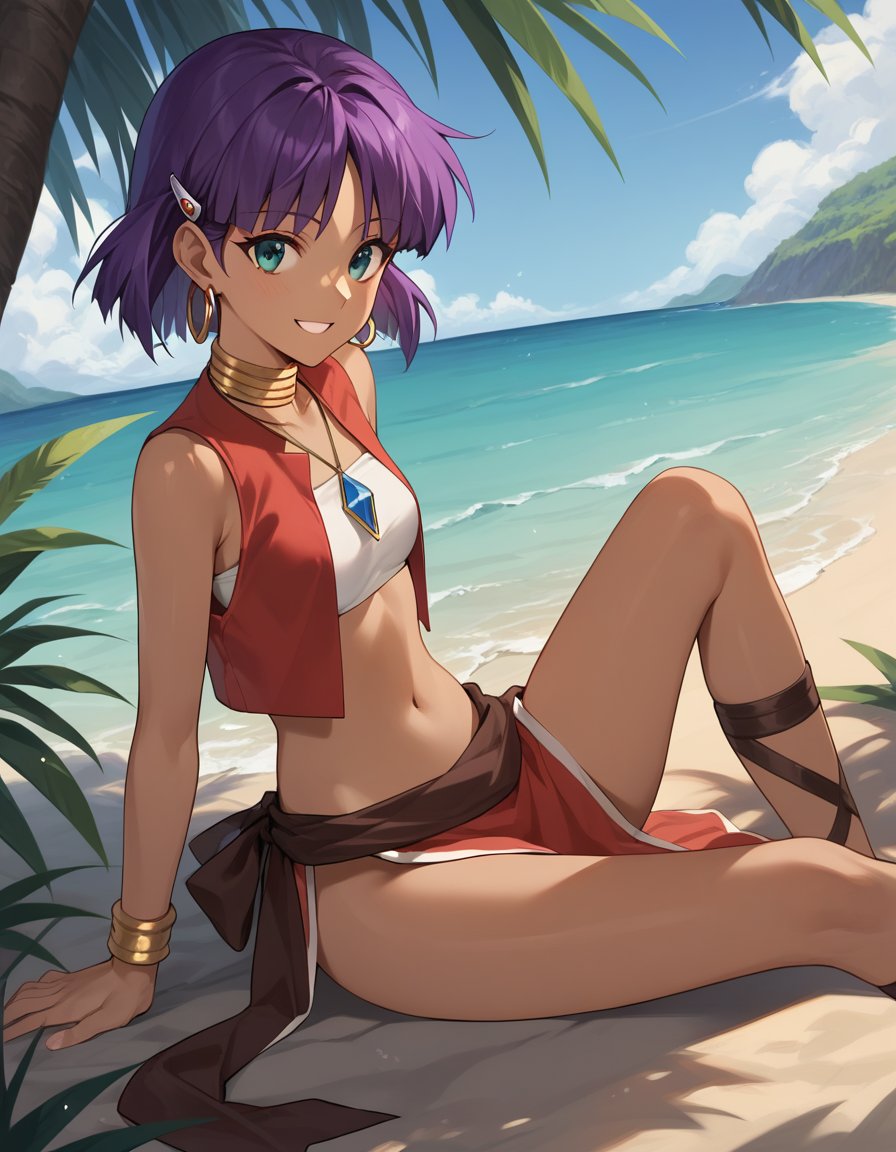 1girl,solo, nadia la arwall,purple hair,  dark-skinned female,red  loincloth,jewelry,bandeau,purple hair,hairclip,red  vest,necklace,shore, sitting, arm support, smile,looking at viewer <lora:nadiaLoCon-step00000500:0.9>, source_anime, score_9, score_8_up, score_7_up, highly detailed, clear line