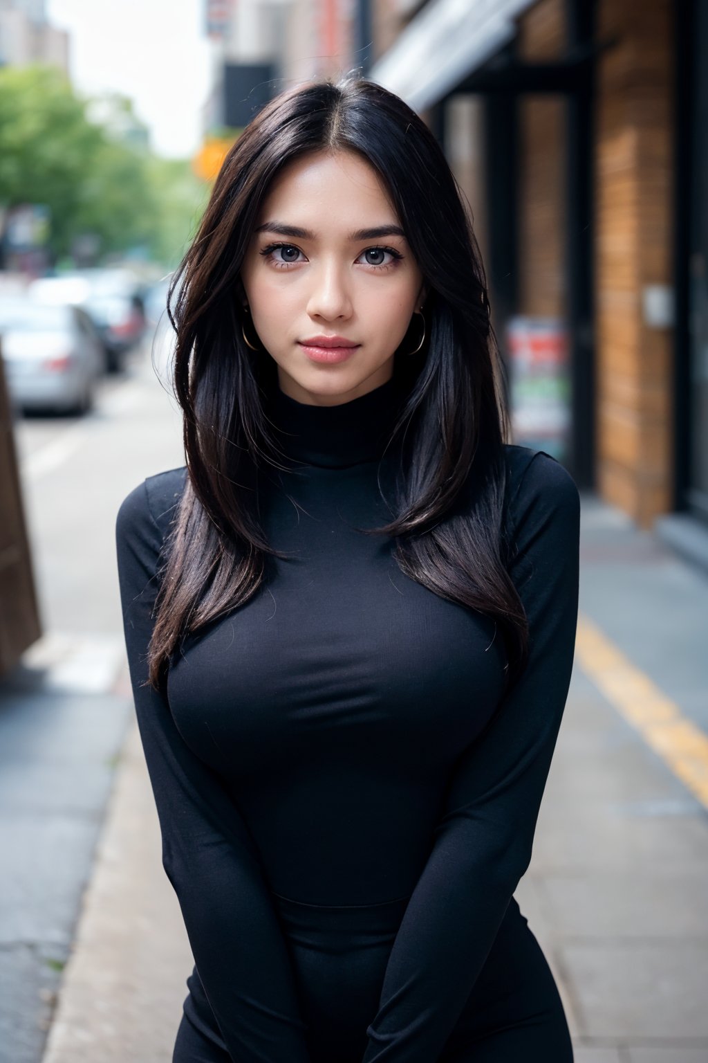 background is New York,street, 1 girl, beautiful korean girl, big eyes, wearing tight black dress(turtle neck,simple,long sleeves), black long boots, shy smile, solo, beautiful and detailed eyes, dark eyes, big breasts, calm expression, delicate facial features, ((model pose)), Glamor body type, (dark hair:1.2), simple tiny earrings, simple tiny necklace, very_long_hair, hair past hip, bangs, curly hair, flim grain, realhands, masterpiece, Best Quality, 16k, photorealistic, ultra-detailed, finely detailed, high resolution, perfect dynamic composition, beautiful detailed eyes, eye smile, ((nervous and embarrassed)), sharp-focus, full_body, cowboy_shot<lora:Angelkaramoy:0.7>AK