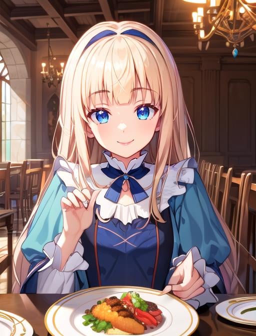 best quality, masterpiece, highres, detailed, digital illustration, <lora:Detail - add_detail:0.2>, PrincessMia20, blue eyes, blonde hair, blunt bangs, long hair, aqua dress, ribbon, smile, <lora:Character - PrincessMia20:0.8>, upper body, dining room, medieval, lipstick, 