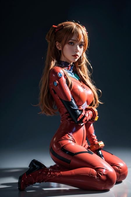 best quality, masterpiece, realistic, photorealistic, 1girl, solo, looking at viewer, full body, wariza, long hair, asuka cosplay costume, cosplay, plugsuit, bodysuit, hair ornament, simple background, <lora:asuka_cosplay_costume_v1:0.65>