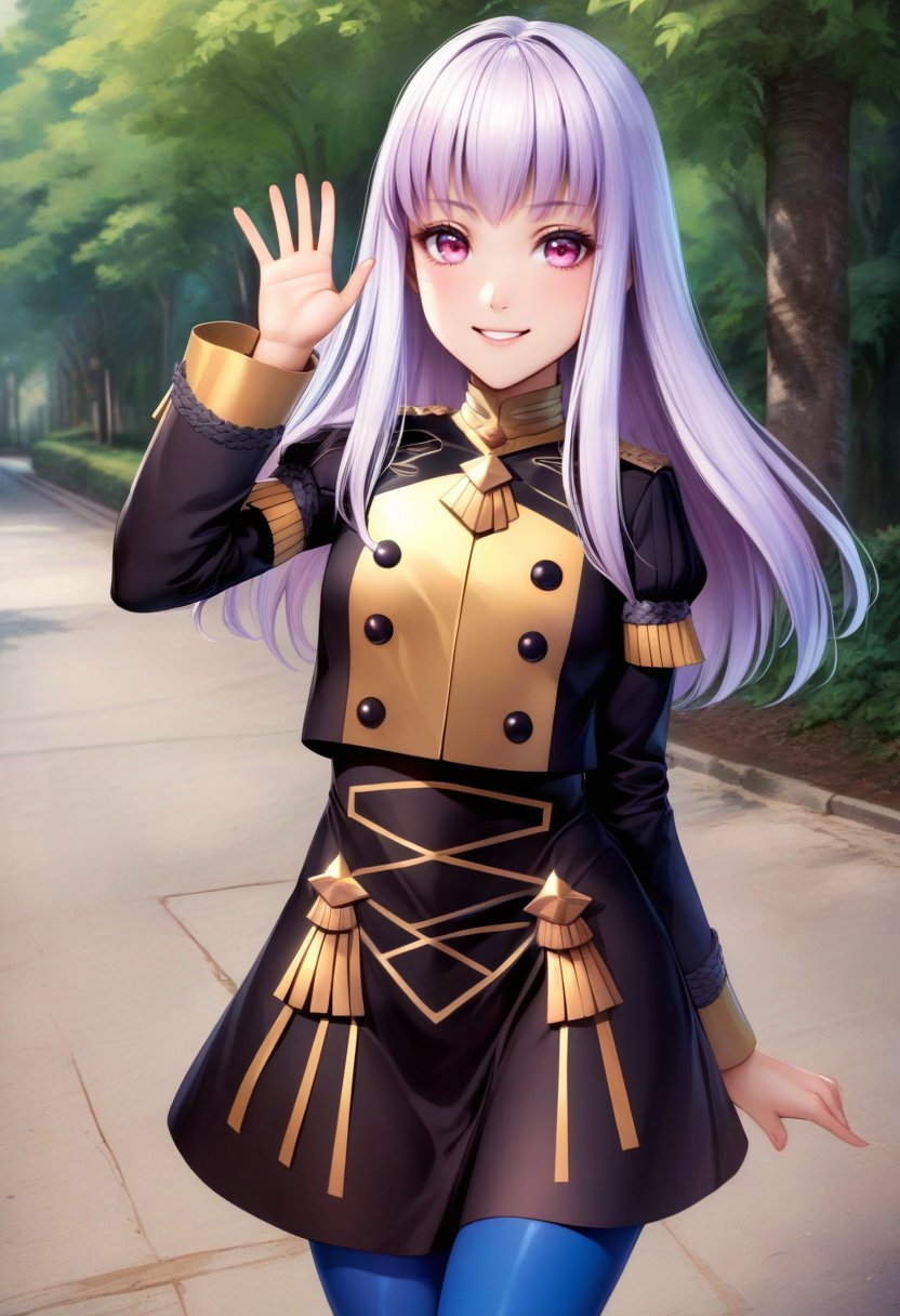 solo, 1girl, lysitheauniform, smile, looking at viewer, waving, uniform, long sleeves, blue pantyhose, outdoors <lora:fireemblem_ordelia_xl-000005:1>