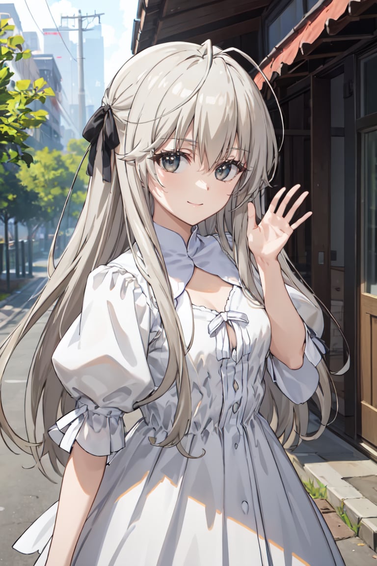 masterpiece, best quality, ultra-detailed, glistening shiny, glowing light, ray tracing, HDR, deph of field, (perfect face, detailed face),  <lora:KasuganoSora:0.7>, kasuganosora, long hair, black hair ribbon, smile,white dress, puffy sleeves, waving, walking, outdoors