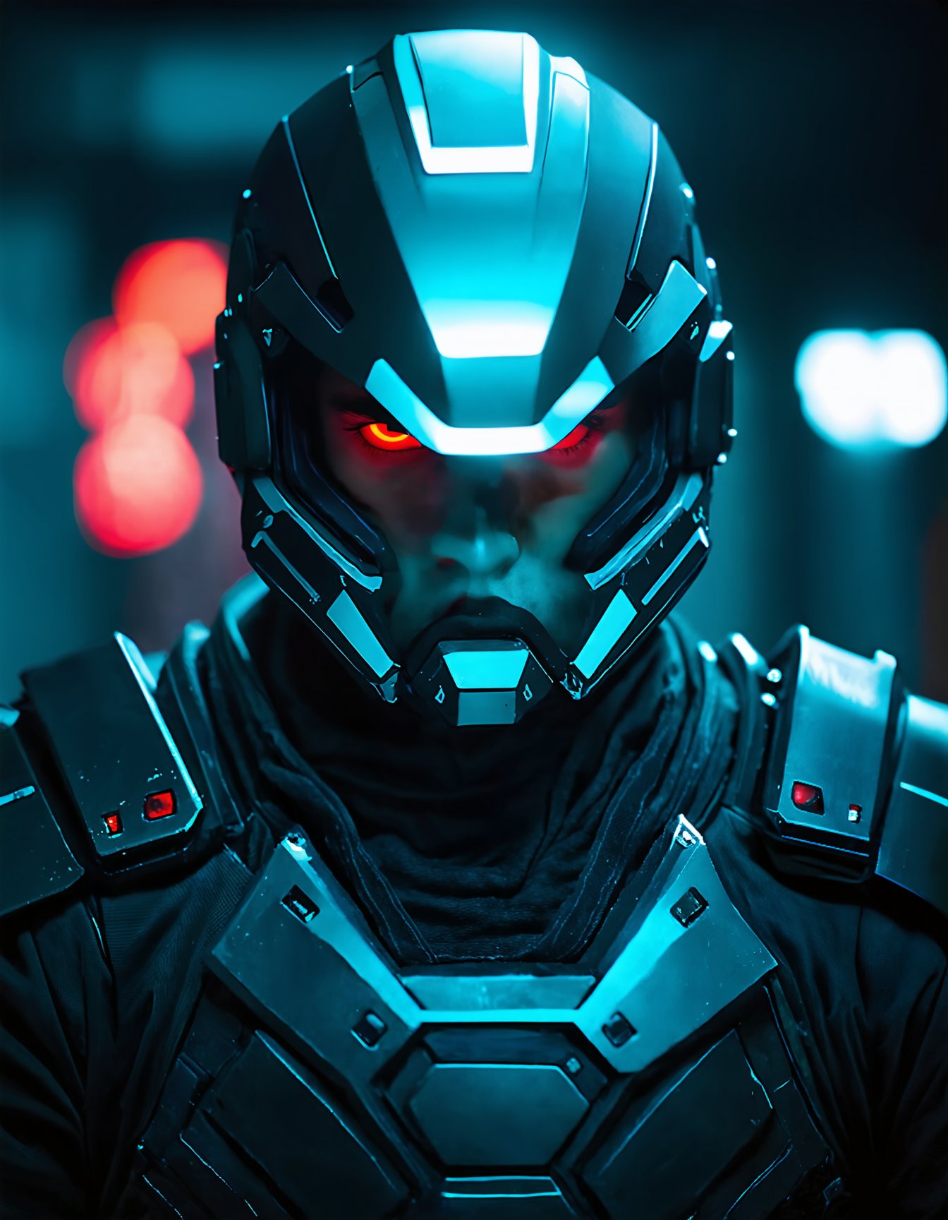 (best quality,8K,highres,masterpiece), ultra-detailed, looking at viewer, man, red eyes, upper body, male focus, armor, blurry background, glowing, helmet, neon lights, modern_style_boost_v1_slider_sd3m.safetensors