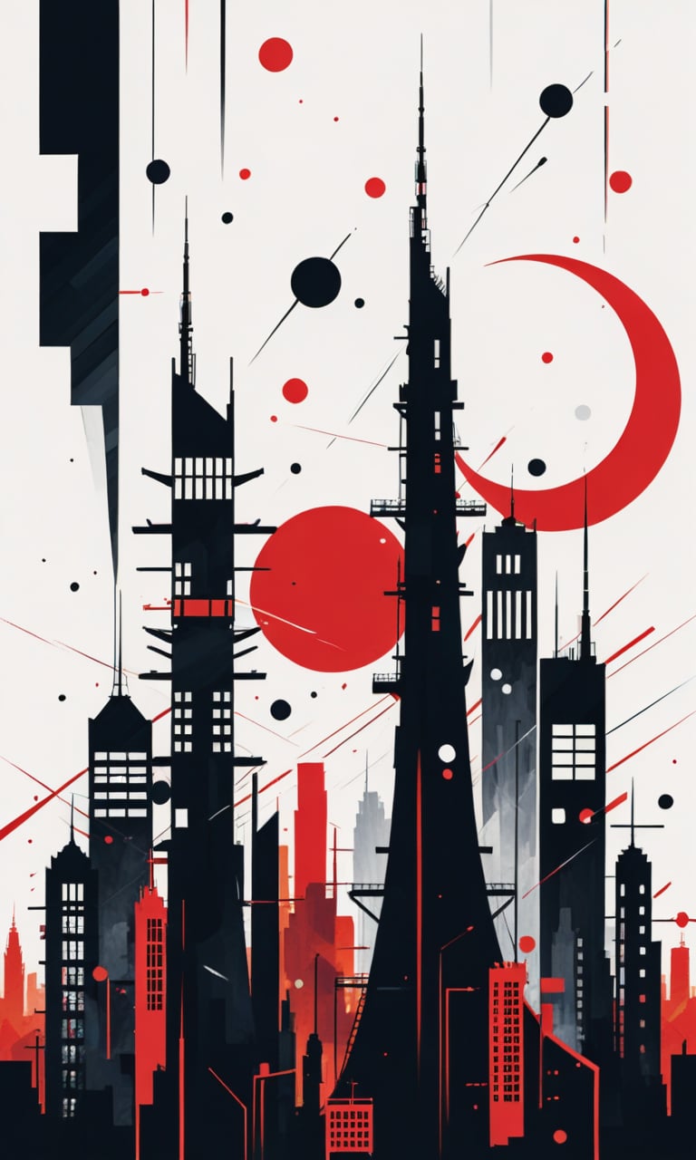 4n1v3rs3, zPDXL2, city silhouette, ((stylized style)), (art design), modern painting, abstract |white|red|black, artwork in the style of Kandinsky, japanese-city-silhouette