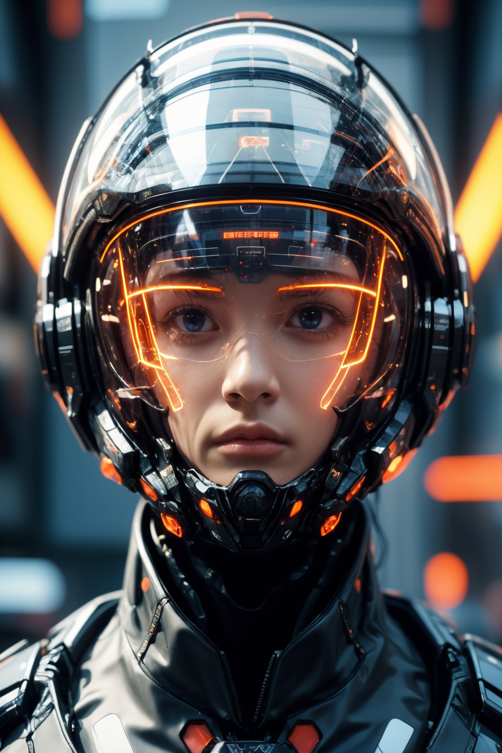 1girl, solo, realistic, science fiction, helmet, cable, cyberpunk, lips, portrait, head-mounted display, blurry, robot, depth of field, blurry background, closed mouth, screen, glowing, facing viewer