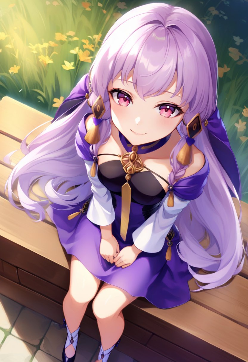 from above, solo, 1girl, lysitheatimeskip, smile, looking at viewer, sitting, hair ornament, purple dress, long sleeves, outdoors <lora:fireemblem_ordelia_xl-000005:1>