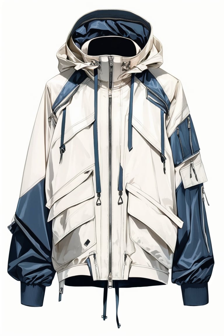 ClothingDesign, white background, simple background, solo, no humans, zipper, coat, jacket, hood, spacesuit, 1other, signature, helmet, sleeves past wrists, <lora:20240601-1717209436687:0.9>