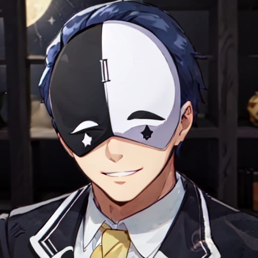 <lora:Vanir Spoch 10:0.78>, vanir-liver020, solo, (mask:1.0), blue hair, white gloves, formal, suit, black footwear, jacket, ascot,( black and white mask:1.2), moon, star, (symbols:1.2), symbol II, mask on head, yellow ascot, smile, 