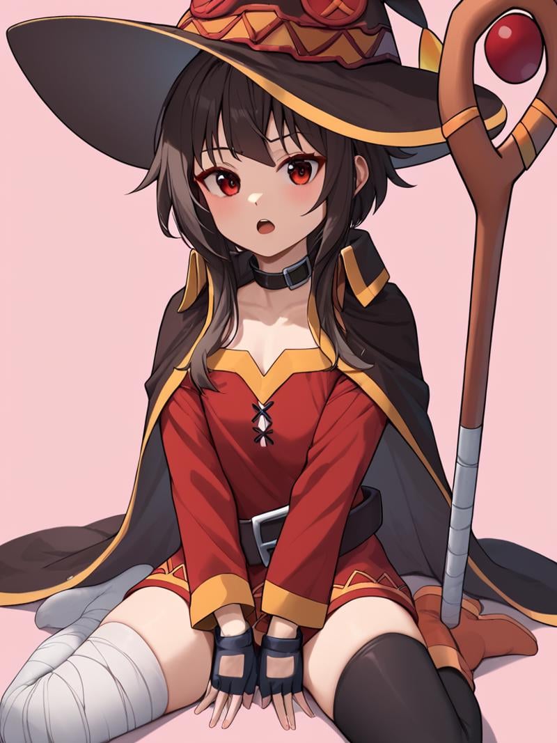 score_9,score_8_up,score_7_up,  <lora:megumin:1>,sidelocks, revision, dress, black_thighhighs, commentary_request, collar, long_sleeves, simple_background, bandages, sitting, solo, cape, fingerless_gloves, witch_hat, single_thighhigh, looking_at_viewer, pink_background, staff, 1girl, :o, belt, open_mouth, megumin