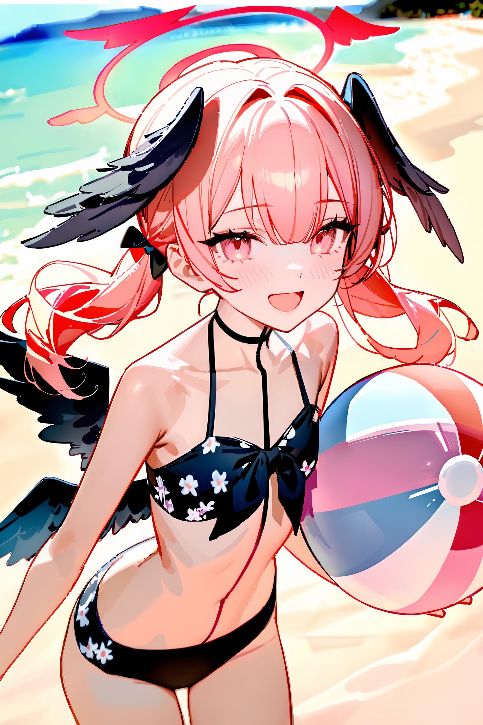 masterpiece, best quality, perfect features, intricate details, ray tracing, newest,(hitenkei, askzy:0.4), 1girl, koharu \(blue archive\), twintails, halo, head wings, hair bow, low wings, floral print bikini, bodypaint, flat chest, holding beachball, cowboy shot,  beach, ocean, smile, open mouth, depth of field <lora:Char-BlueArchive-Koharu-V1-XL:0.9> 