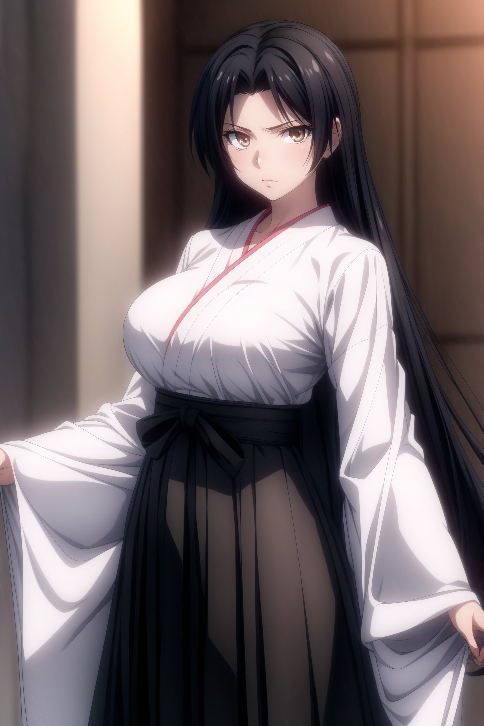 (masterpiece, best quality), <lora:Cal Shekar-lora-Faxtron:0.8> cal shekar, brown eyes, black hair, long hair, large breasts, hadanugi dousa, long sleeves, black hakama,<lora:add_detail:0.8> 