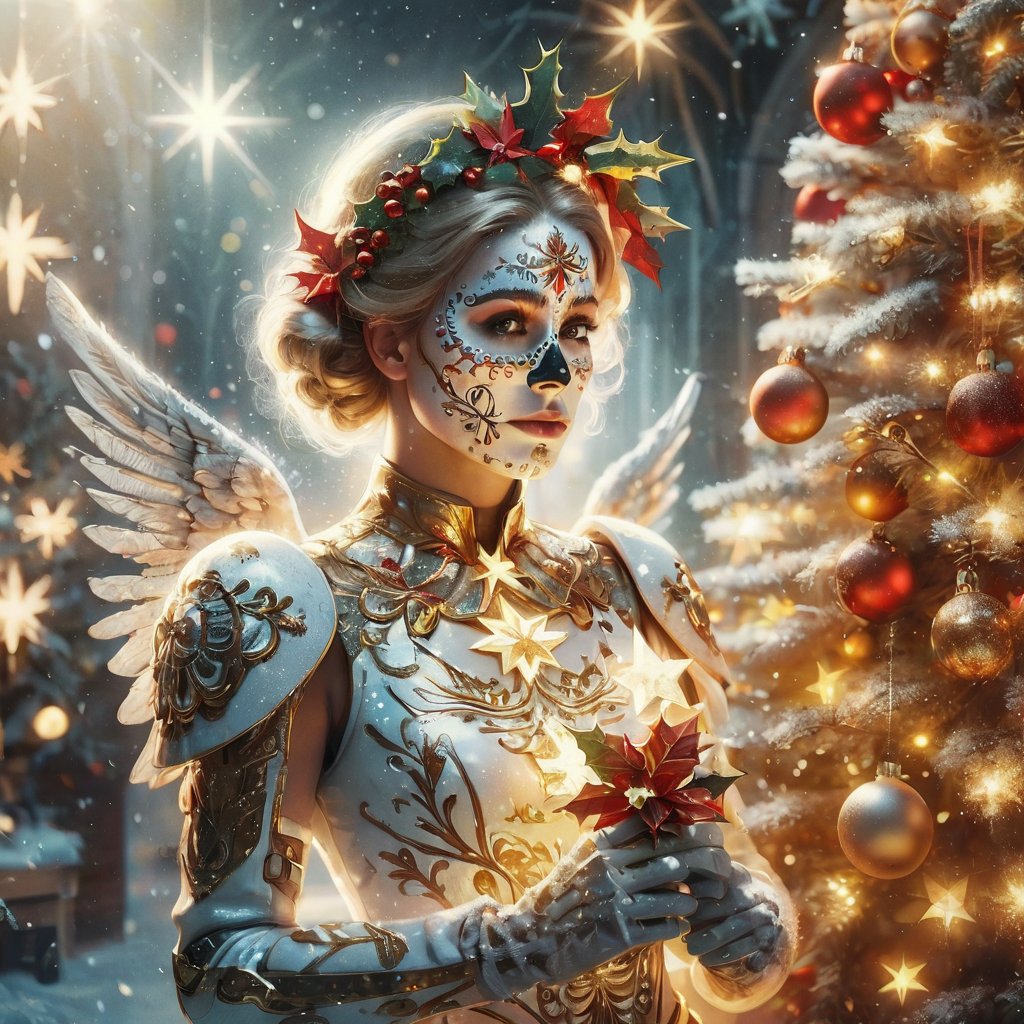 poakl christmas style,Futuristic Christmas Soldier Girl Portrait, looking at viewer, upper body, science fiction, a woman dressed in a sugar skull costume adorned with vibrant poinsettias and twinkling Christmas lights, Amazing Octane Render, thick dust and warm red tones reminiscent of holiday cheer, wearing a golden halo like a Christmas angel with a glowing star on top, Saint Woman, white skeleton face illuminated by the festive glow of Christmas ornaments,<lora:poaklSDXLchristmas-000008:0.8>,