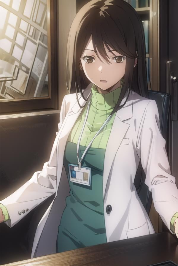 namieyagiri, <lora:namie yagiri s1-lora-nochekaiser:1>,namie yagiri, long hair, black hair, (brown eyes:1.3),BREAK sweater, turtleneck, labcoat, green sweater,BREAK indoors, office,BREAK looking at viewer, (cowboy shot:1.5),BREAK <lyco:GoodHands-beta2:1>, (masterpiece:1.2), best quality, high resolution, unity 8k wallpaper, (illustration:0.8), (beautiful detailed eyes:1.6), extremely detailed face, perfect lighting, extremely detailed CG, (perfect hands, perfect anatomy),