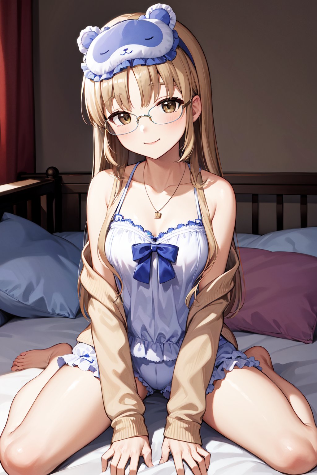 masterpiece, best quality, highres, eesister, long hair, sleep mask, glasses, collarbone, necklace, pajamas, camisole, blue bow, brown cardigan, open clothes, long sleeves, frilled shorts, white shorts, white bloomers, <lora:sister_cleaire_v2:0.7>, indoors, room, bed, wariza, smile