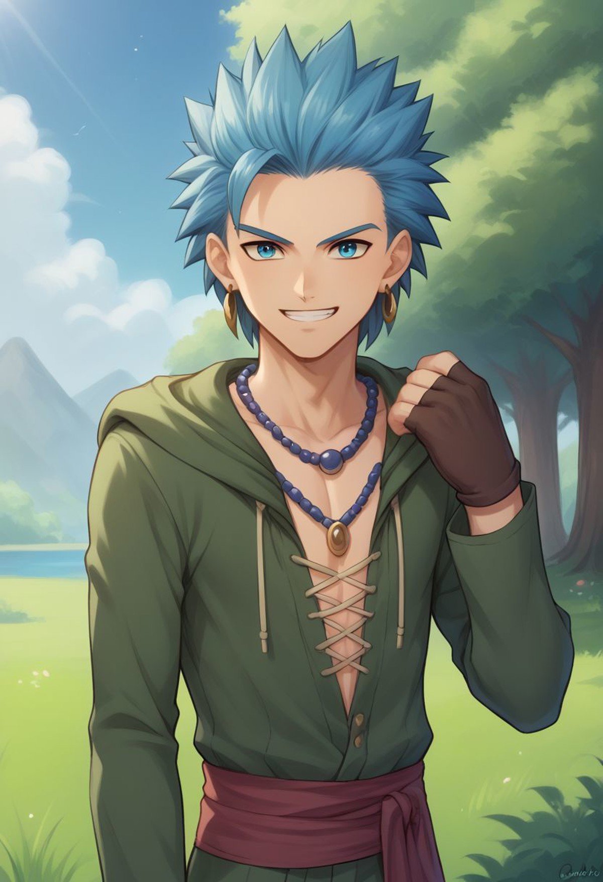 score_9, score_8_up, score_7_up, source_anime, highly detailed, 1boy, solo, male_focus, half body, half body,erik, solo, 1boy, male focus, jewelry, earrings, blue hair, necklace, gloves, fingerless gloves, blue eyes, pants, spiked hair, brown gloves, grin, smile,outdoor, 