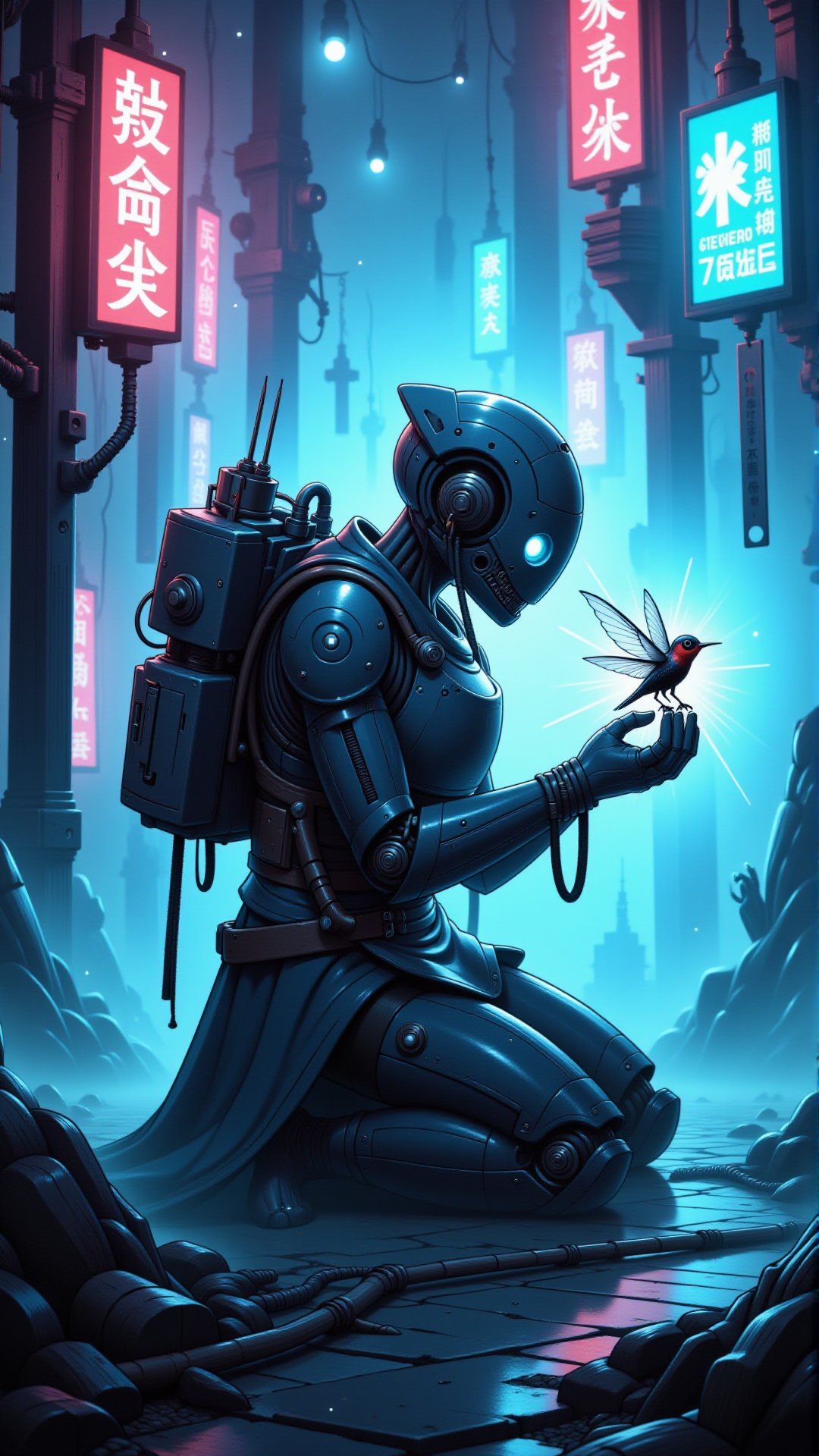 A cyborg kneeling amidst neon-lit fog to repair his malfunctioning hummingbird drone.