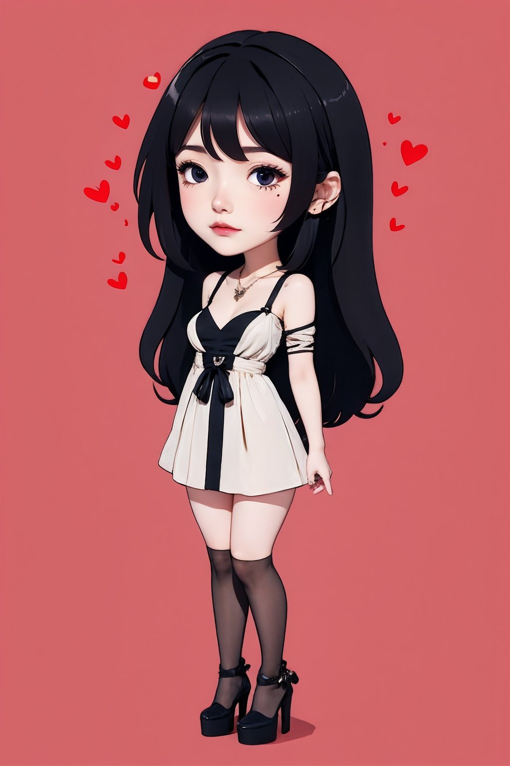 <lora:AgainChibiLora_v1:1>,1girl, solo, mole under eye, jewelry, mole, heart, black hair, necklace, dress, black eyes, black dress, black footwear, full body, breasts,