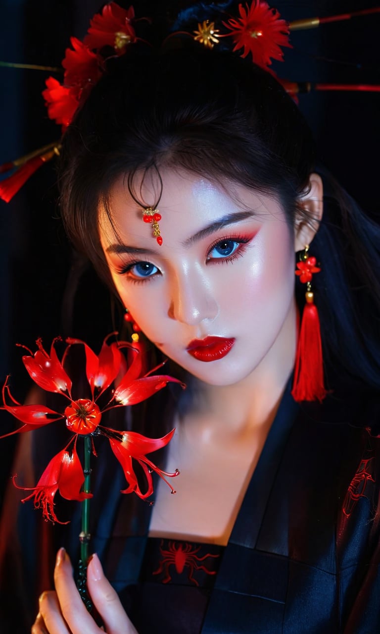 arien photography,chinese art photography,1girl,solo,hair ornament,black hair,jewelry,earrings,holding,red flower,looking at viewer,long hair,spider lily,red lips,black eyes,makeup,portrait,eyelashes,lips,lipstick,hair flower,blue eyes,tassel,upper body,parted lips,