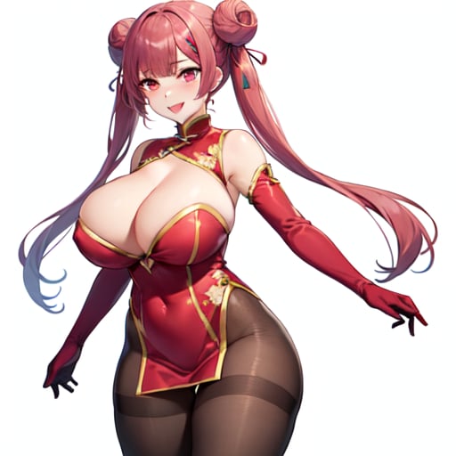 1girl, solo, original, chinese clothes, red dress, brown bodysuit, brown pantyhose, cleavage, cleavage cutout, bare shoulders, detached sleeves, red eyes, pink eyes, streaked hair, long hair, twintails, cone hair bun, huge breasts, curvy, thick thighs, bouncing breasts, seductive smile, naughty face, lewd, sexy, hot, glamorous, blunt bangs, standing, cleft of venus, white background, simple background, anime screencap, anime coloring, key visual, studio anime, standing, 