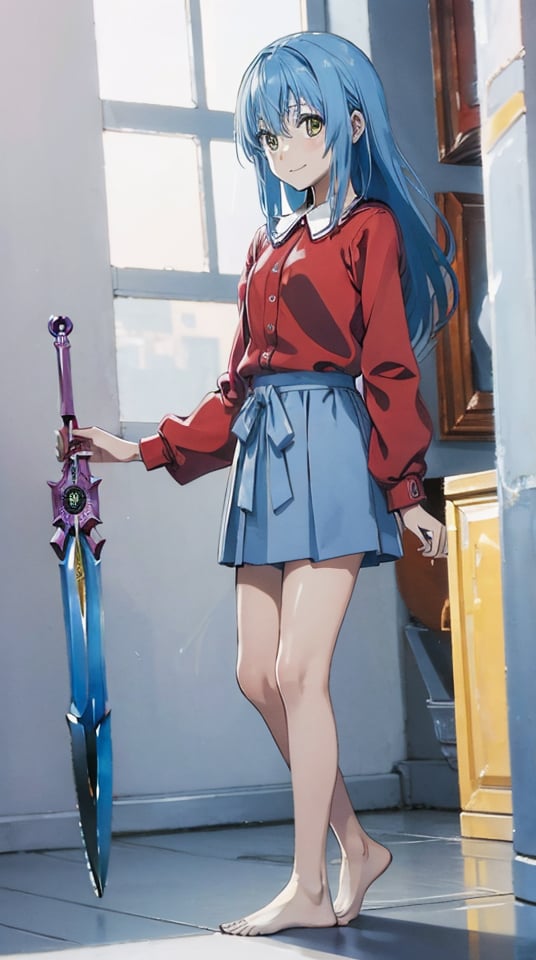 (masterpiece, best quality), ray tracing, absurdres, HDR,rimuru clothes, long hair, blue hair, yellow eyes, shirt, closed mouth, red shirt, 1girl, large breats,, rimuru tempest, skirt, bangs, red shirt, smile, solo, hair between eyes, grey skirt, long sleeves, collared shirt, ,blush ,looking at viewer,indoors,barefoot,full body, wucaitianjing, weapon, sword, , planted, planted sword, holding, holding sword,<lora:rimuru_clothes01-10:0.7>,<lora:wucaitianjing_v3:1>