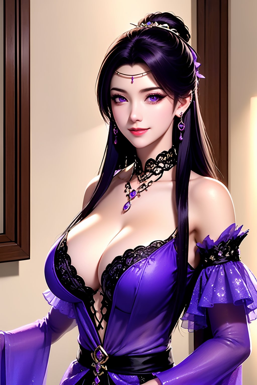 1girl, breasts, solo, jewelry, long hair, earrings, necklace, hair ornament, dress, black hair, looking at viewer, large breasts, cleavage, bare shoulders, upper body, purple dress, detached sleeves, lips, indoors, smile, purple eyes, closed mouth, see-through, hair bun