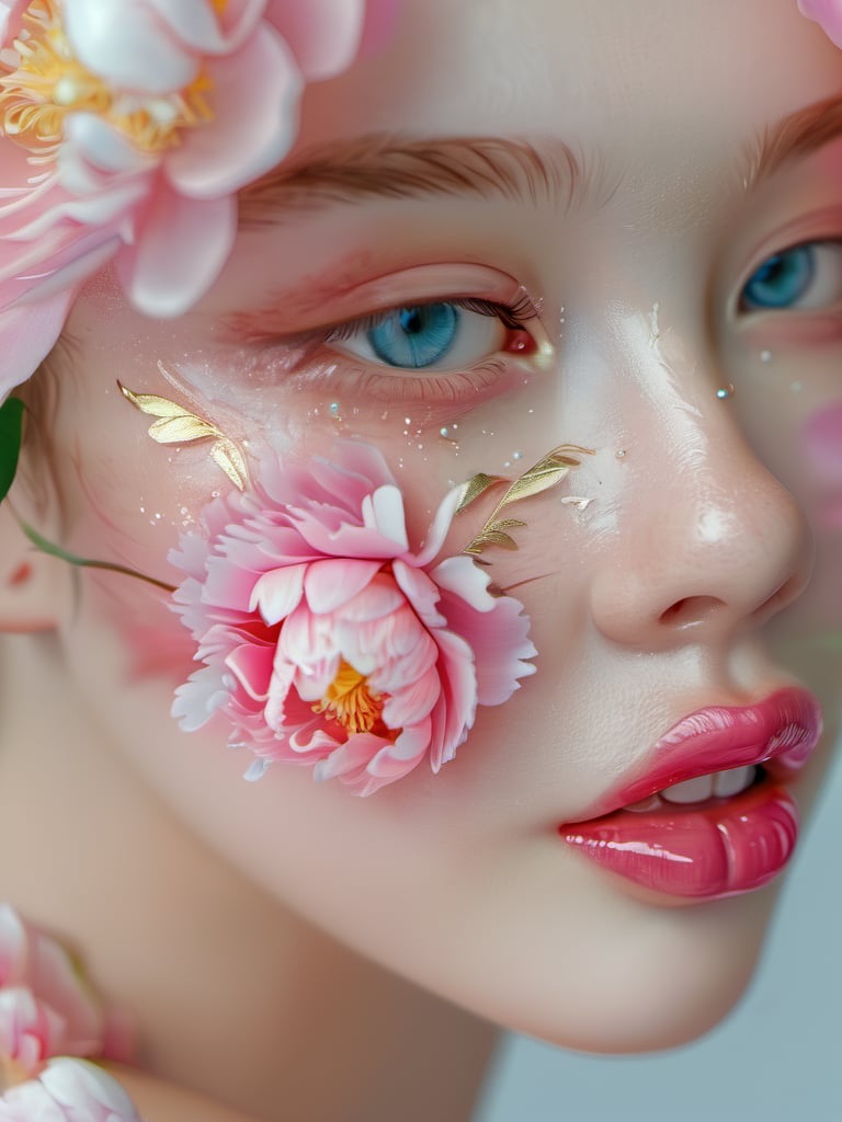 zhuangrong,1girl,solo,peony flower,flower,close-up,eyelashes,teeth,blue eyes,blurry,lips,realistic,pink flower,looking at viewer,makeup,<lora:xlgfzr:1>,