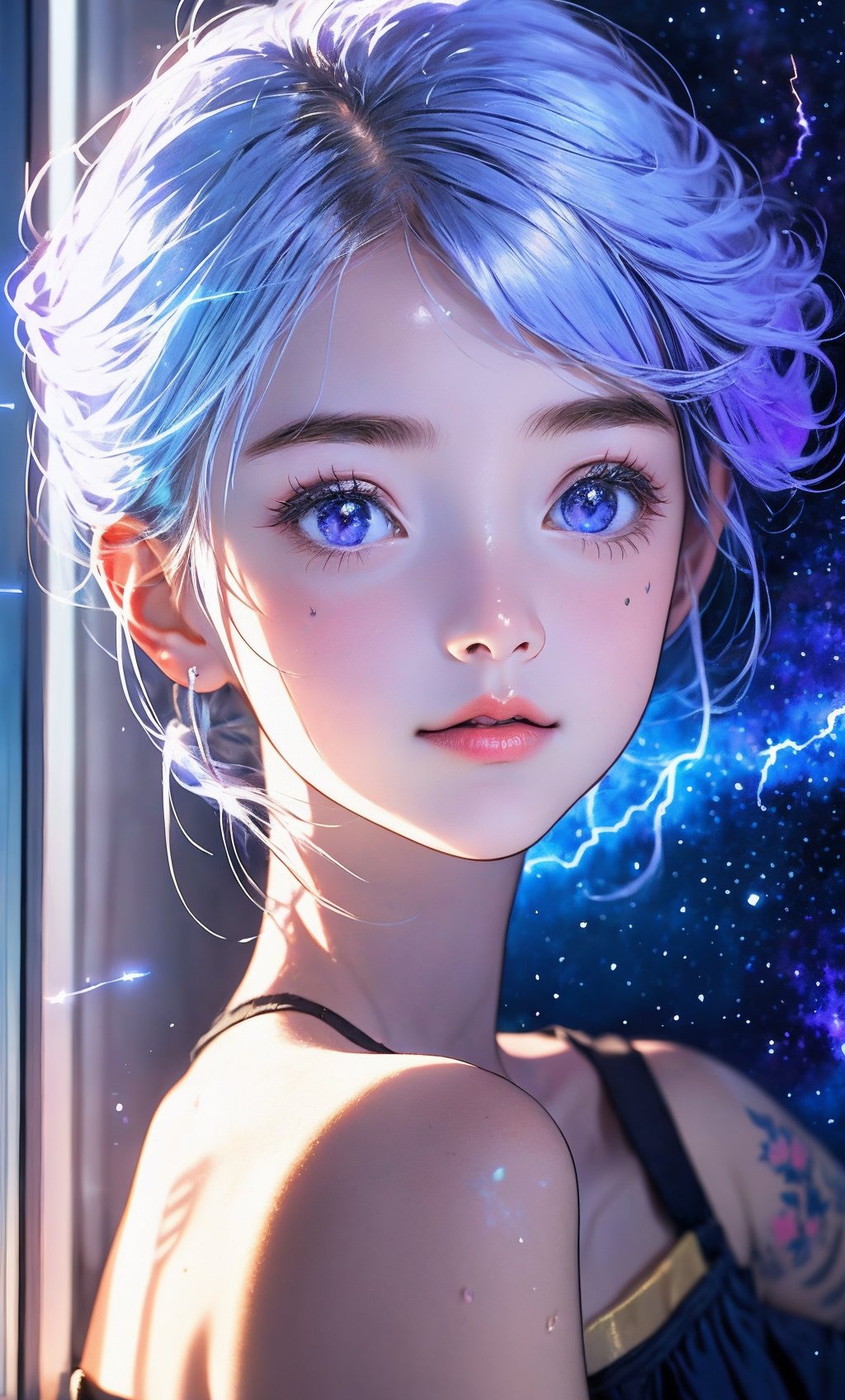 Masterpiece, best quality, cell shadow illustrations. The petite schoolgirl, with her long, glowing white hair floating in weightlessness, looked out her classroom window at a vibrant, blue and violet nebula, shoulders back. Perfect Face... Lightning blue swimming tattoo. Shining Golden Eyes. Bottom of perspective Z, realistic style perspective