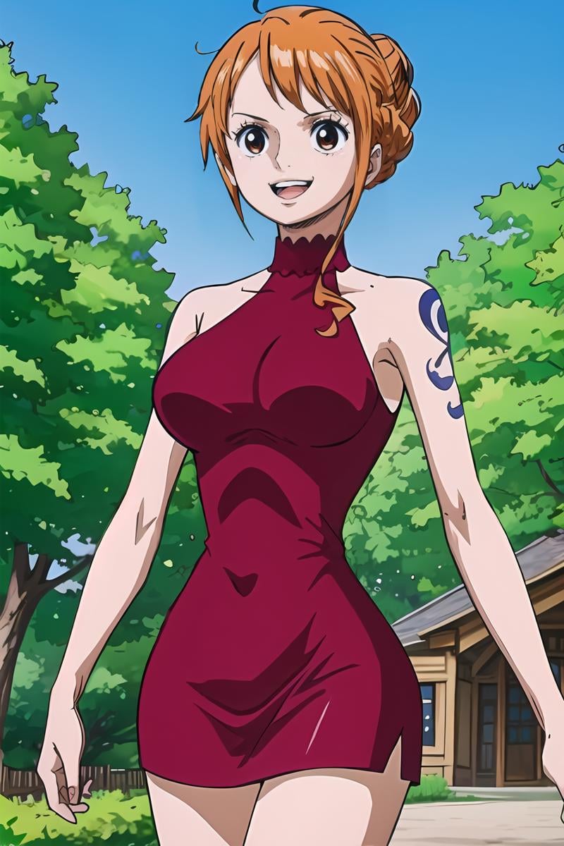 <lora:SC-OP_Nami_WCIRD:1>, opn4m1wcird, masterpiece, best quality, cowboy shot, smile, short dress, single hair bun, sleeveless, outdoors, blue sky