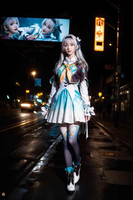 best quality,masterpiece,realistic,photorealistic,1girl,solo,smile,looking at viewer,standing,full body,arms at side,firefly cosplay costume,cosplay,long hair,white hair,dress,cropped jacket,capelet,shirt,skirt,long sleeves,frilled sleeves,bow,neckerchief,ribbon,fingerless gloves,hairband,hair bow,hair ornament,gradient legwear,gradient pantyhose,ankle boots,white boots,outdoors,night,neon lights,light,people,billboard,detail background,<lora:Honkai_StarRail_Firefly_costplay_costume_v1:0.7>,<lora:Background_Detail_v3:1>,<lora:background & distence control:-1>,<lora:add_detail:1>,