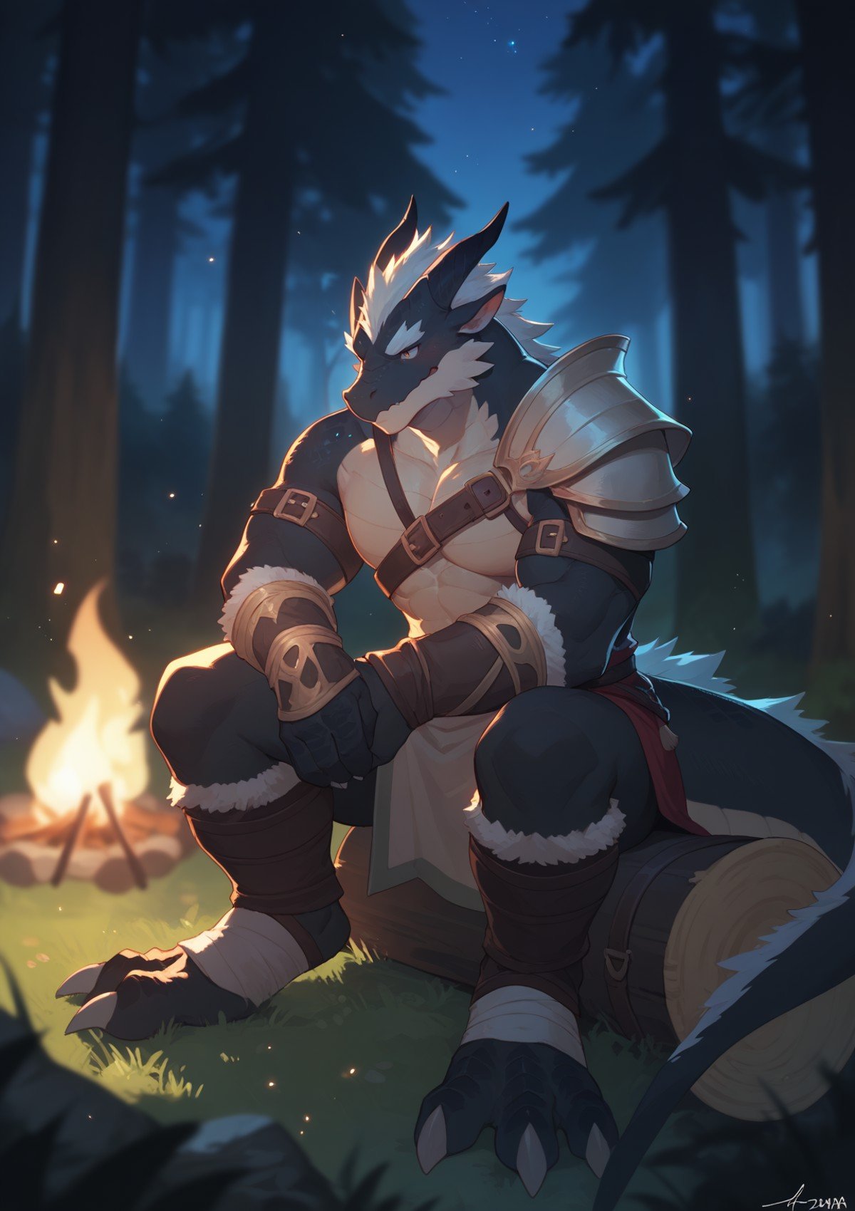 solo, kemono, (dragon), anthro, male, (black body), scales, tail, muscles, handsome, armor, medieval, fantasy, outdoors, outside, dark, night, forest, campfire, camp, stars, sitting, toe claws, epic, depth of field, perfect lighting, light particles BREAK zPDXL