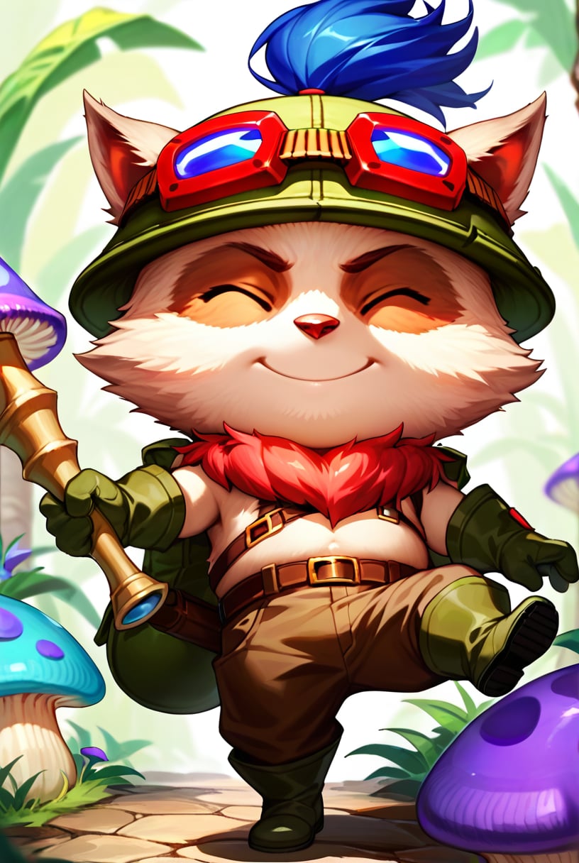 score_9, score_8_up, score_7_up, t33mo, score_9, source_anime, teemo, hat, closed eyes, 1boy, furry, yordle, male focus, goggles, goggles on headwear, brown pants, pants, belt, boots, gloves, green headwear, bag, smile, ^_^, furry male, mushroom, <lora:Teemo_default_v1:0.8>