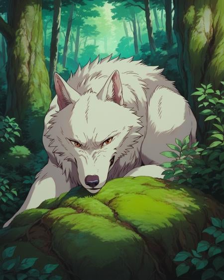 score_9, score_8_up, score_7_up, source_anime, zPDXL, Ghiblistyle, no humans, forest, trees, animal focus, wolf, white fur<lora:Ghibli_style_PDXL:0.90>