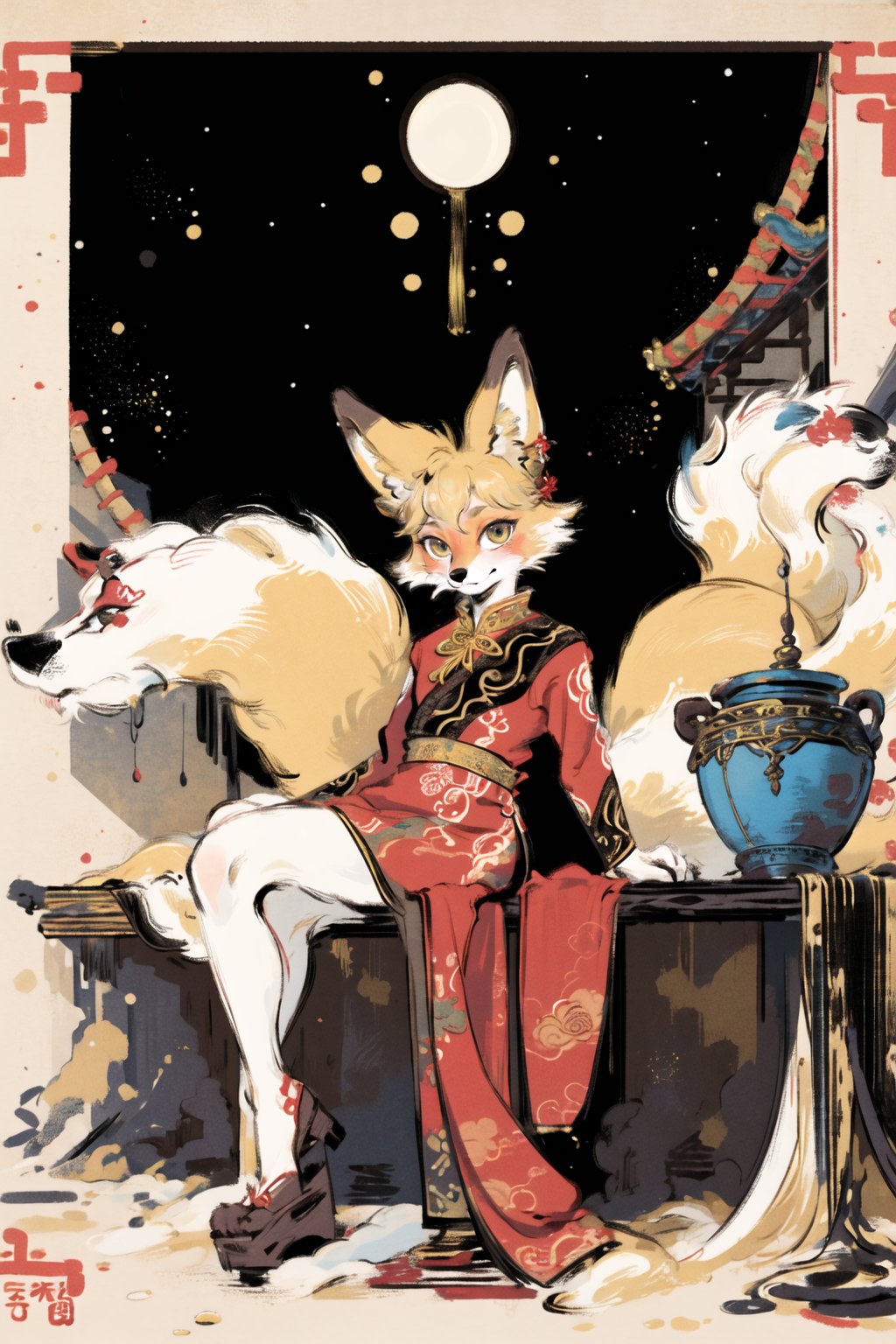 masterpiece,highres,furry fox girl,kid,blonde,chinese dress, hair ornament, anicent china