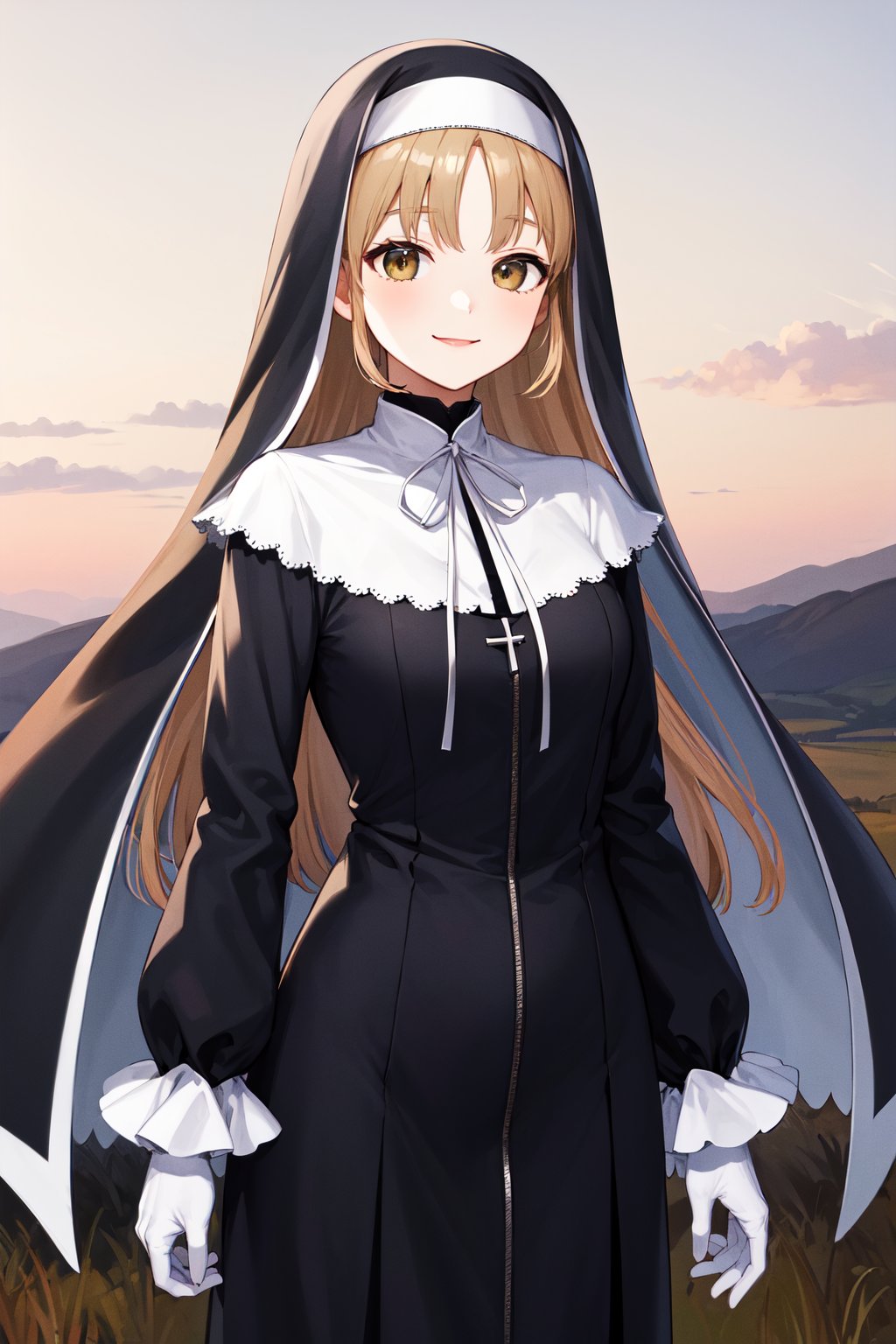 masterpiece, best quality, highres, aasister, long hair, nun, habit, white capelet, neck ribbon, (black dress:1.2), long sleeves, white gloves, full-length zipper, <lora:sister_cleaire_v2:0.7>, smile, standing, cowboy shot, outdoors, arms at sides,