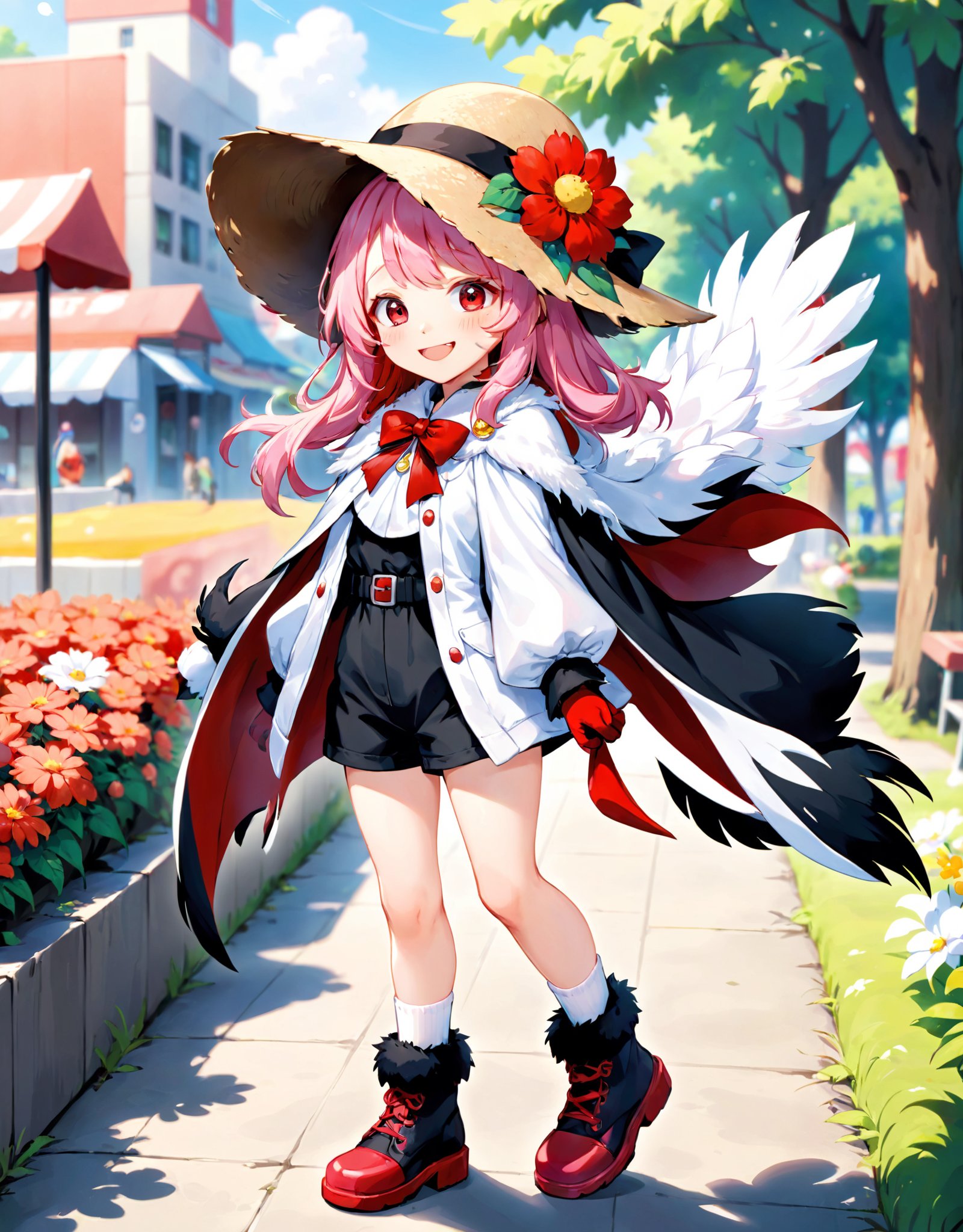 highres,best quality,detailed background,girl, +_+, 1girl, animal, bird, black footwear, black headwear, black shorts, blurry, blurry background, blurry foreground, boots, bow, capelet, closed mouth, day, dress, flower, fur trim, fur-trimmed gloves, fur-trimmed cape, hair between eyes, hat, hat feather, holding, holding flower, long hair, one eye closed, outdoors, pink hair, puffy long sleeves, puffy sleeves, red footwear, red flower, shoes, shorts, smile, socks, solo, standing, straw hat, sun hat, white footwear, white socks