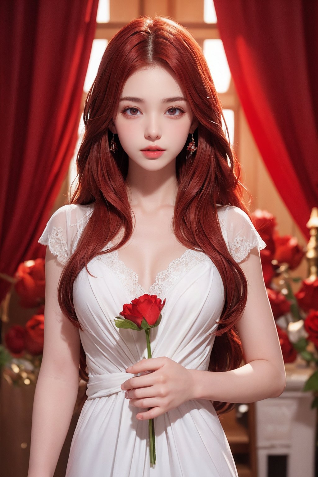 1girl,white long translucent night gown,long hair,red hair flower,blood,plenty of red petals,