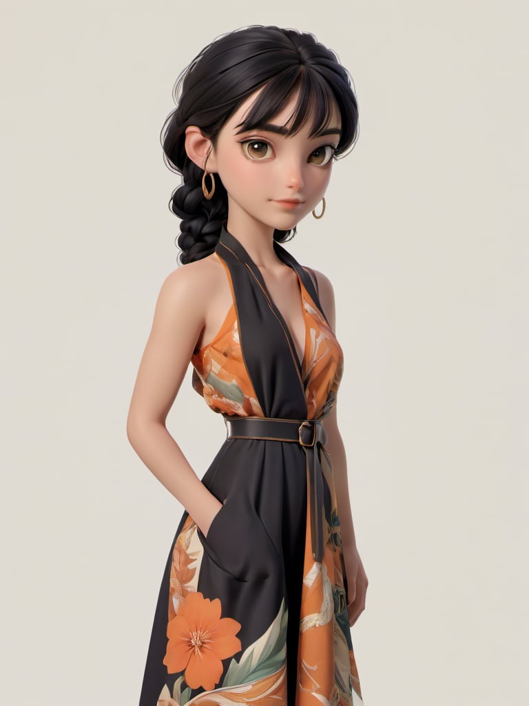 breathtaking 1girl,bangs,barefoot,black bikini,black hair,braid,full body,grey background,hair over shoulder,solo,standing,Hermes silk scarf-printed midi dress with a belted waist,<lora:C4D-000009:0.8>, . award-winning, professional, highly detailed