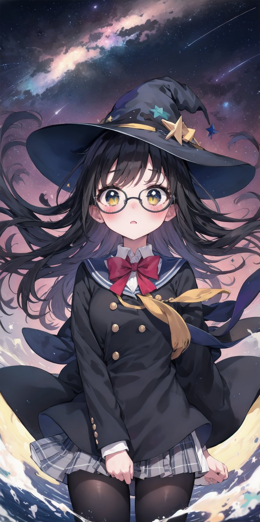 solo, (eye focus, face, close-up:0.3), blush, starry night, shooting star, nebula, milky way, galaxy, (surprised:1), glasses, witch hat, school uniform, from below, (wind, floating hair), black hair, (blue, white, yellow:0.8)