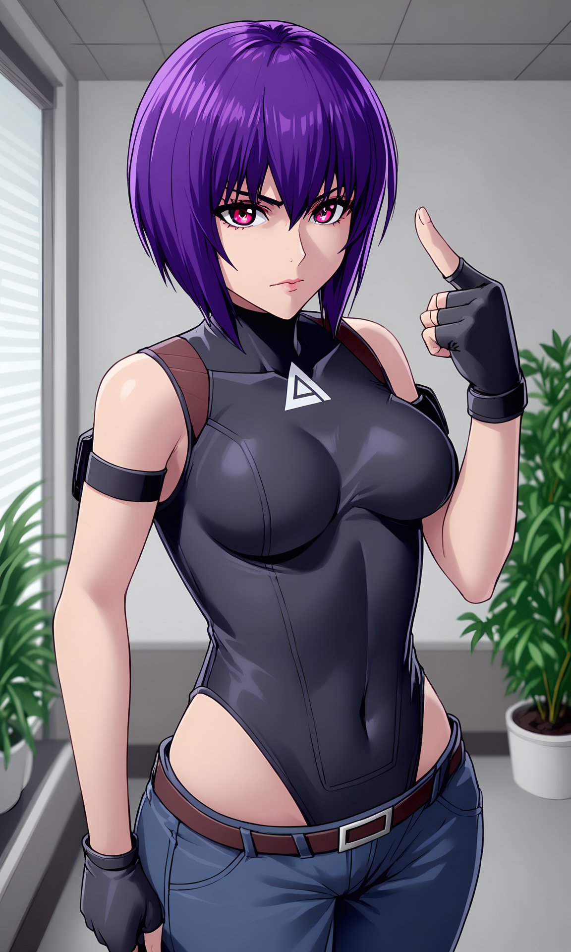 (masterpiece:1.2), (best quality:1.2), newest, (intricate details, very aesthetic, highres), good hands, 1girl, <lora:sd_xl_dpo_lora_v1-128dim:1>, <lora:motoko_2045:1> motoko2045xl, purple hair, short hair, lips, cyborg, pink eyes, medium breasts, fingerless gloves, black gloves, black leotard, highleg leotard, hip vent, blue pants, arm strap, bare shoulders, belt, kusanagi motoko,  hand up, looking at viewer, serious, indoors, room, plant, office, pointing at viewer,  <lora:Anime_Screencap_Enhancement-v1:1> fine_ascxl