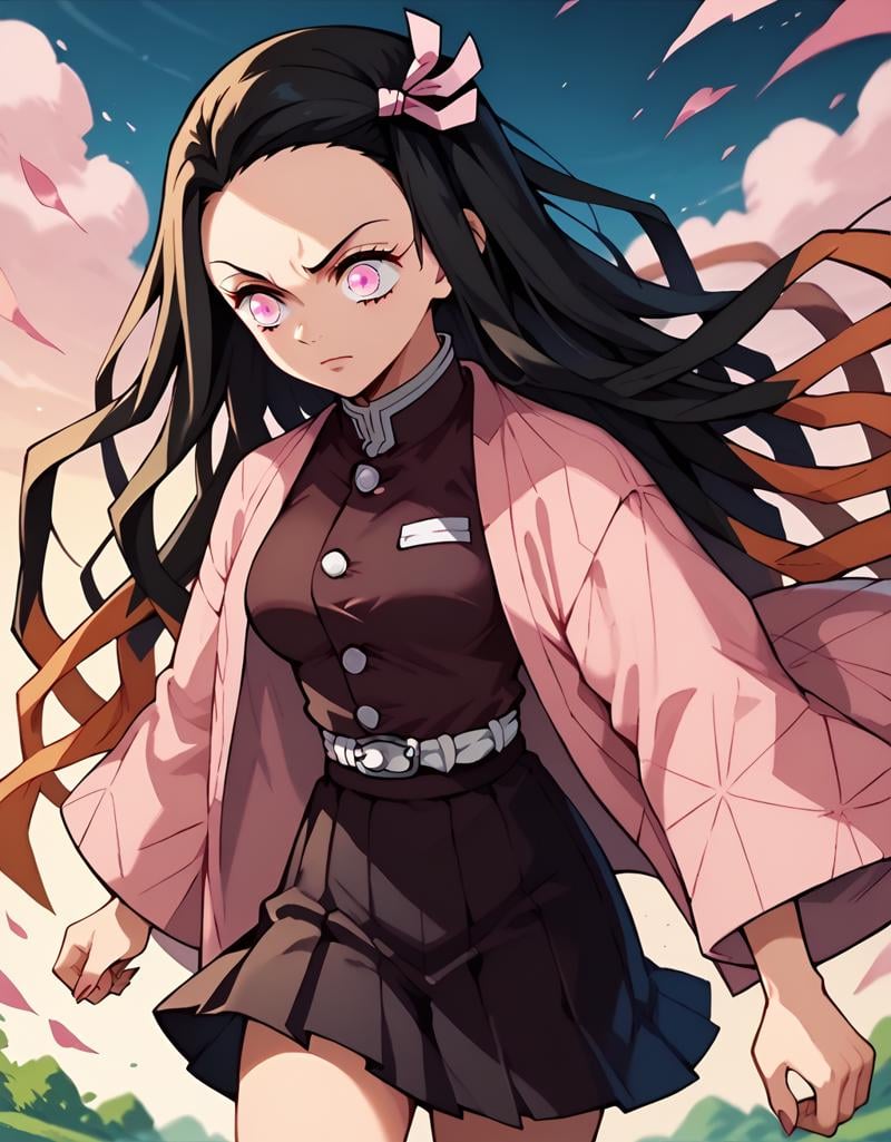 <lora:NezukoKamadopony-10:1>NezukoCaz, kamado nezuko, very long hair, black hair, hair ribbon, pink eyes, medium breasts, japanese clothes, pink haori, demon slayer uniform, black skirt, pleated skirt,, score_9, score_8_up, score_7_up, score_6_up, score_5_up, score_4_up,