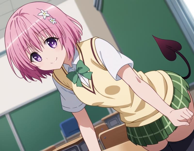 score_9, score_8_up, score_7_up, source_anime,momodeviluke, <lora:momo-deviluke-darkness-ponyxl-lora-nochekaiser:1>,momo deviluke, demon tail, hair flower, hair ornament, purple eyes, pink hair, short hair, tail,demon tail, green skirt, plaid, plaid skirt, sainan high school uniform, school uniform, skirt, sweater vest, thighhighs, yellow sweater, short sleeves, bow, green bow,indoors, classroom, bent over, smile,looking at viewer, cowboy shot, dutch angle, solo,