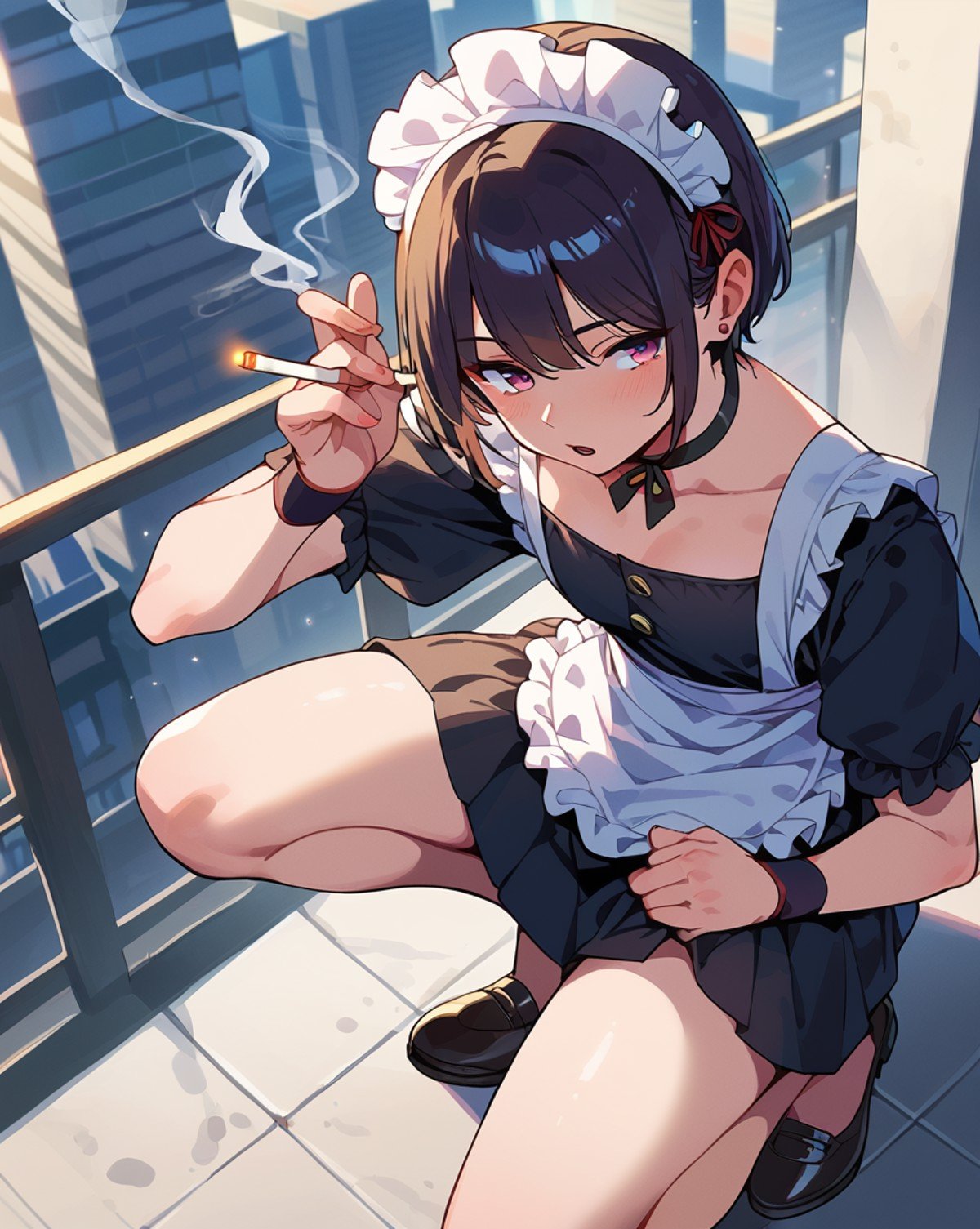 (score_9,score_8_up,score_7_up,score_6_up,score_5_up,score_4_up),1boy,male,cigarette,sloppy open mouth,maid outfit,maid headdress,squatting,on the roof of a building,skyscraper in tokyo,(smoke),(smoking:1.2),from above,solo,best quality,masterpiece,