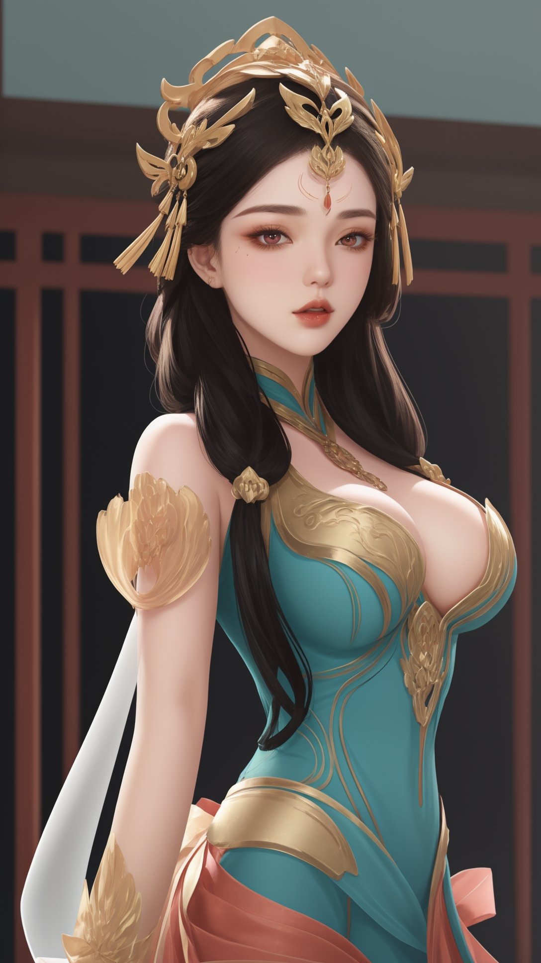 (1girl),smooth chin,masterpiece,detailed face,((hair ornament:1.2)),top quality,4k,make up,best quality,large breasts,(looking at viewer),red ribbon,dress,arms behind back,(wariza),shawl,detached sleeves,chinese building,forehead mark,golden hair ornament,<lora:王者 杨玉环 原皮_v1.1:0.7>,