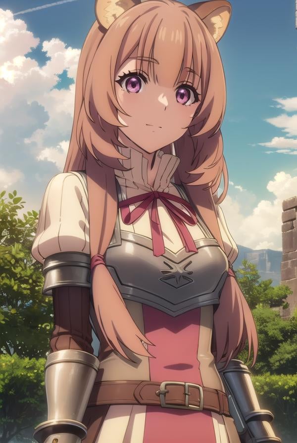 raphtalia, <lora:raphtalia s3-lora-nochekaiser:1>,raphtalia, long hair, bangs, brown hair, animal ears, raccoon ears, raccoon tail, raccoon girl, (pink eyes:1.3), smileBREAK long sleeves, sweater, ribbed sweater, puffy sleeves, breastplate, ribbon, red ribbon, gauntlets, glove, brown gloves, belt, skirt, armor,BREAK outdoors, forest, nature, sun, sky, trees, clouds, grass,BREAK looking at viewer, (cowboy shot:1.5),BREAK <lyco:GoodHands-beta2:1>, (masterpiece:1.2), best quality, high resolution, unity 8k wallpaper, (illustration:0.8), (beautiful detailed eyes:1.6), extremely detailed face, perfect lighting, extremely detailed CG, (perfect hands, perfect anatomy),