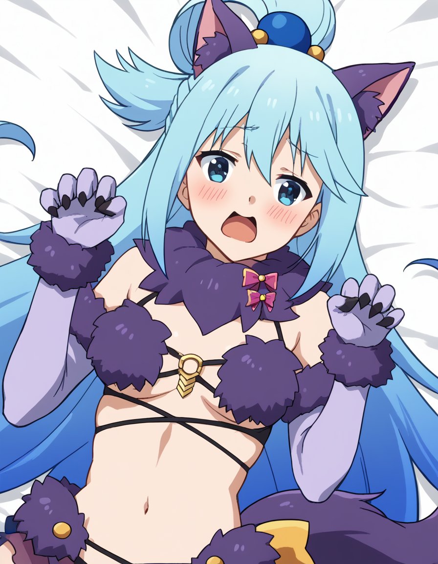 score_9, score_8_up, score_7_up, source_anime, konosubaaqua, <lora:konosuba-aqua-s2-ponyxl-lora-nochekaiser:1>, aqua (konosuba), long hair, blue eyes, hair ornament, very long hair, blue hair, hair rings, single hair ring, hair bobbles,, <lora:mash-kyrielight-halloween-costume-ponyxl-lora-nochekaiser:1>, mash kyrielight halloween costume, mash kyrielight \(dangerous beast\) \(cosplay\), fur-trimmed legwear, purple tail, fur bikini, fur-trimmed gloves, purple glves, revealing clothes, fur collar, purple thighhighs, wolf tail, wolf ears, o-ring top,, bed, on bed, on back, open mouth, blush, <lora:paw-pose-ponyxl-lora-nochekaiser:1>, paw pose,, cowboy shot, dutch angle, solo,